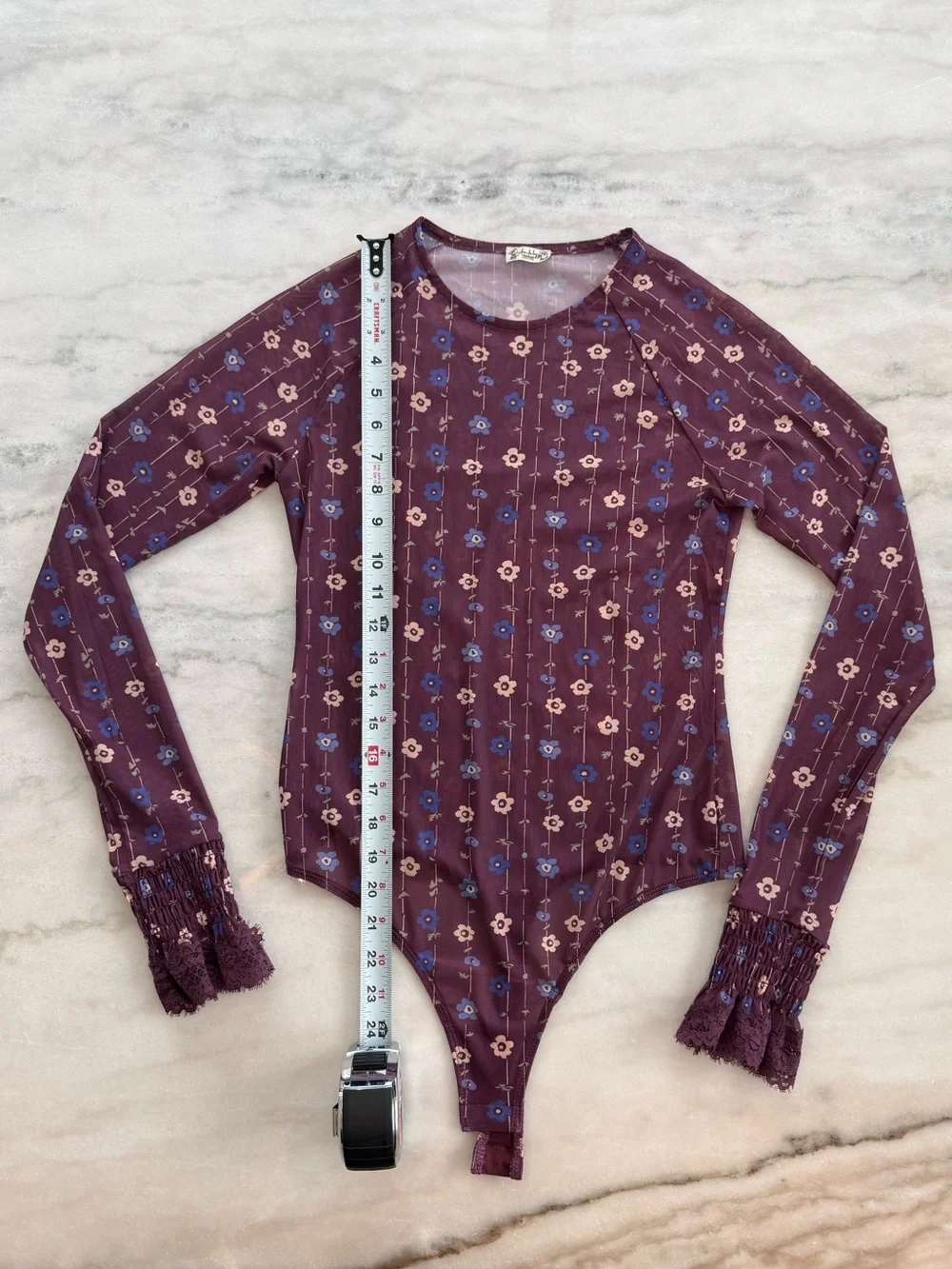 Free People Up All Night Printed Bodysuit Plum Floral Mesh Women Size M